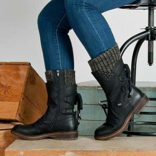 Bottes Mi-Mollet Femme Style Vintage – Bottes d'Hiver à Lacets et Détails Tricot