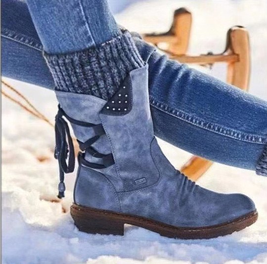 Bottes Mi-Mollet Femme Style Vintage – Bottes d'Hiver à Lacets et Détails Tricot