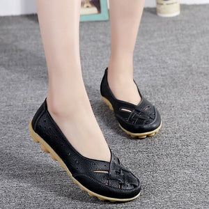 Sandales mocassins femme cuir perforé – chaussures plates confort
