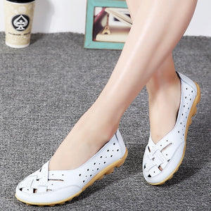 Sandales mocassins femme cuir perforé – chaussures plates confort