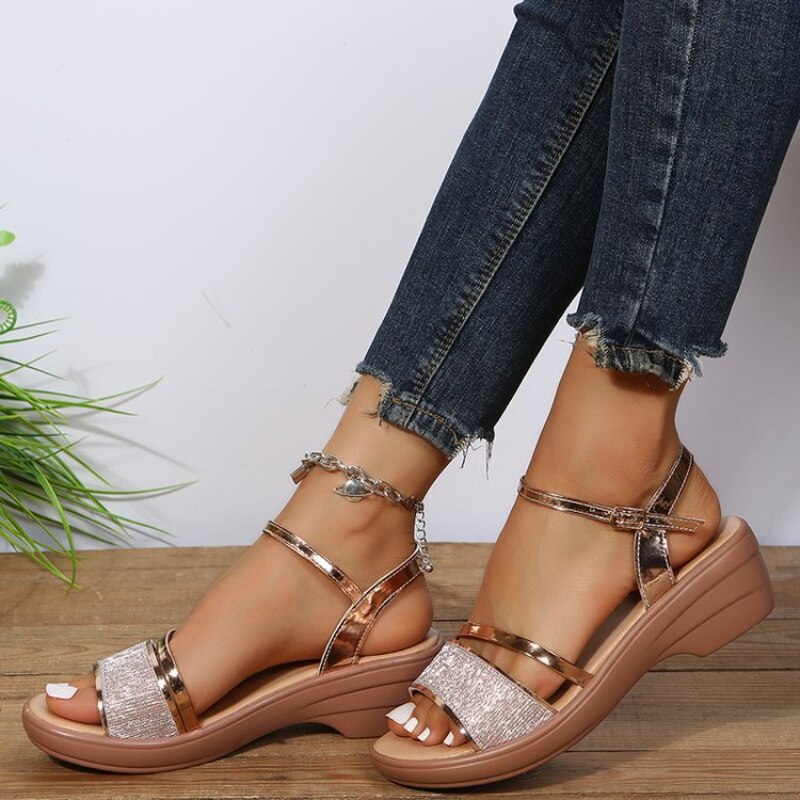Sandales à talon bloc femme – sandales dorées à brides cheville pour soirée