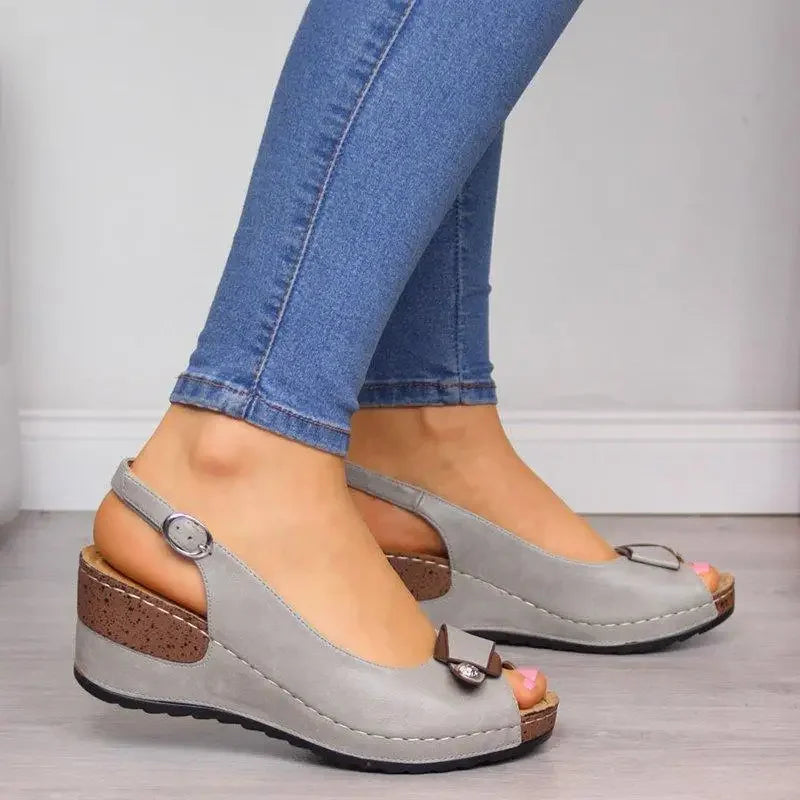 Sandales Femme Cuir Compensées à Bout Ouvert & Bride Arrière Boucle
