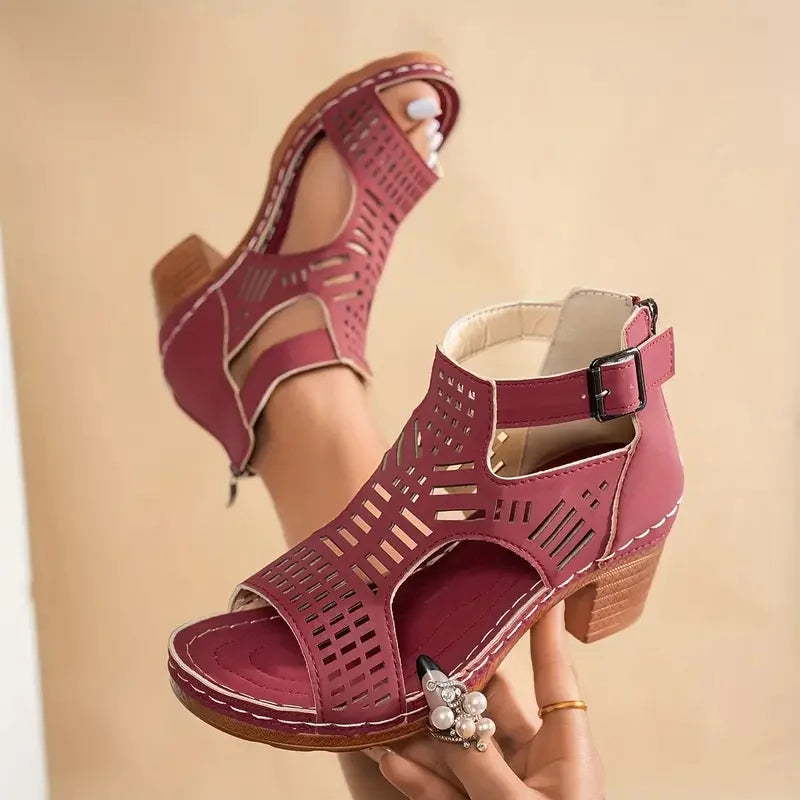 Sandales à Talon Bloc et Bout Ouvert pour Femme - Bride Cheville à Boucle