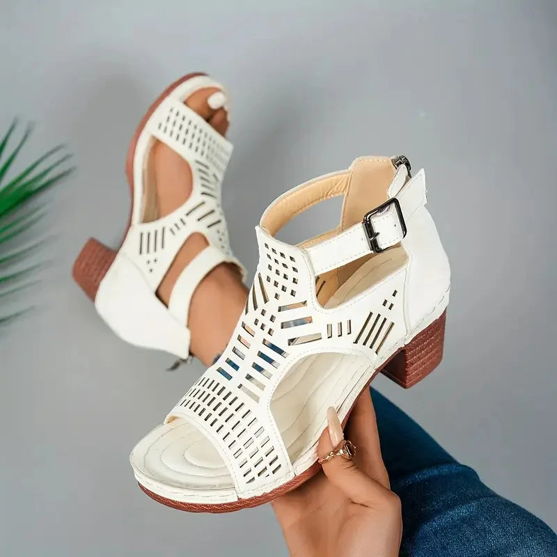 Sandales à Talon Bloc et Bout Ouvert pour Femme - Bride Cheville à Boucle