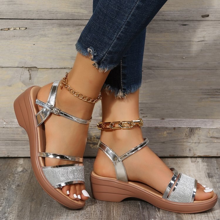 Sandales à talon bloc femme – sandales dorées à brides cheville pour soirée