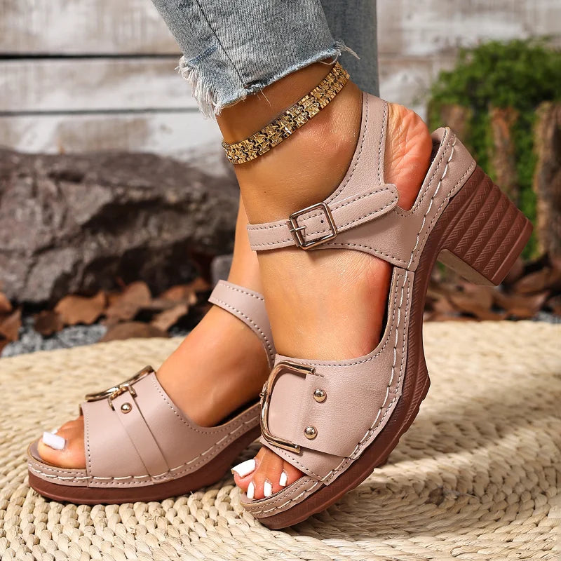 Sandales Femme Cuir à Talon Carré, Bride Cheville & Détail Boucle Dorée