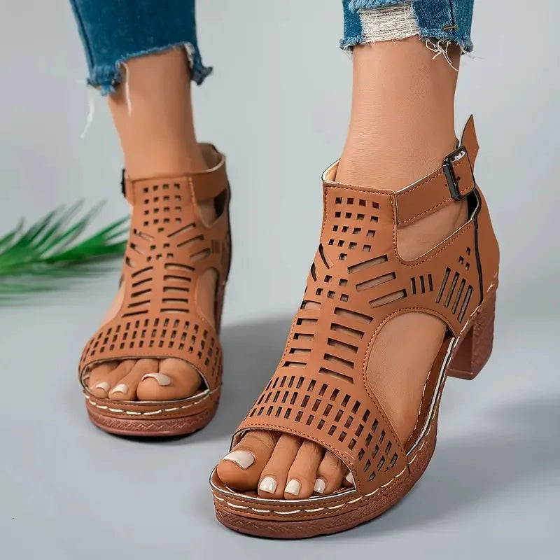 Sandales à Talon Bloc et Bout Ouvert pour Femme - Bride Cheville à Boucle