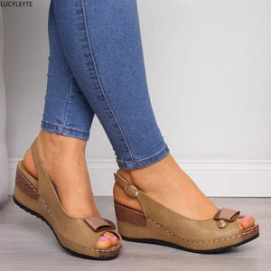 Sandales Femme Cuir Compensées à Bout Ouvert & Bride Arrière Boucle