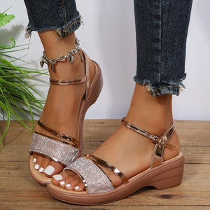 Sandales à talon bloc femme – sandales dorées à brides cheville pour soirée