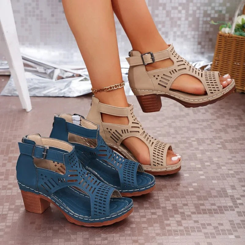Sandales à Talon Bloc et Bout Ouvert pour Femme - Bride Cheville à Boucle