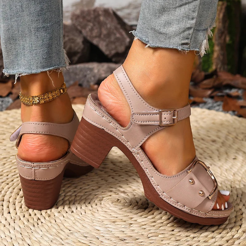 Sandales Femme Cuir à Talon Carré, Bride Cheville & Détail Boucle Dorée