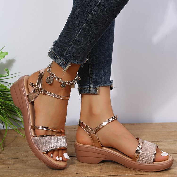 Sandales à talon bloc femme – sandales dorées à brides cheville pour soirée