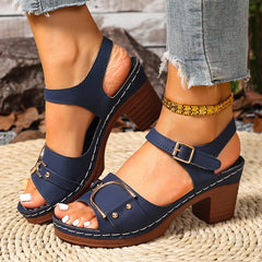 Sandales Femme Cuir à Talon Carré, Bride Cheville & Détail Boucle Dorée