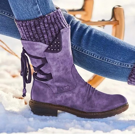 Bottes Mi-Mollet Femme Style Vintage – Bottes d'Hiver à Lacets et Détails Tricot