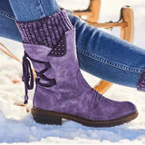 Bottes Mi-Mollet Femme Style Vintage – Bottes d'Hiver à Lacets et Détails Tricot